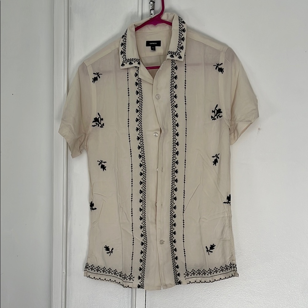 Express Casual Cream and Black Embroidered Shirt